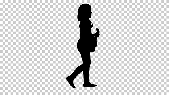 Silhouette little girl walking playing on ukulele, Alpha Channel