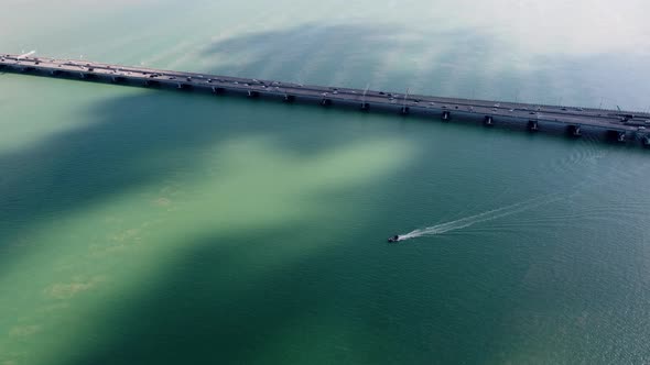 Aerial view look down fishing boat