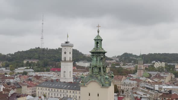 Aerial Drone Video of European City Lviv Ukraine Rynok Square Central Town Hall Dominican Church