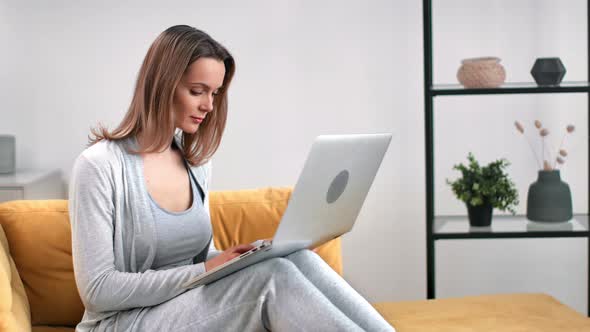 Happy Freelancer Woman Chatting Surfing Internet Working Remotely Use Laptop