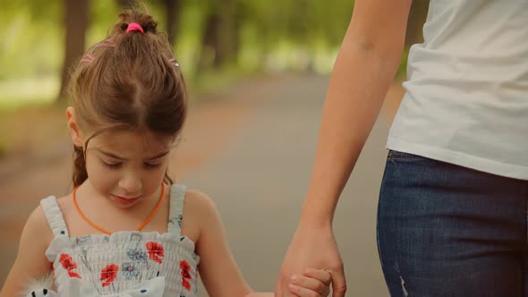 Daughter Walking With Mother Cute Mom With Preschool Daughter Enjoy Activity Together. Relationship.