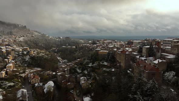 Aerial Winter Landscape of Dense Historic Center of Thiers Town in PuydeDome Department