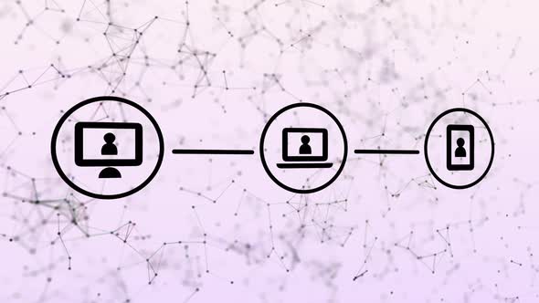 Animation of three black digital computer interface icons with plexus structure in background