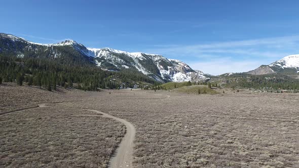 Aerial shot of a young man and woman trail running with dog on scenic mountain trail.