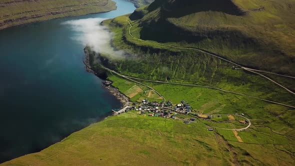 Aerial View of Funningur Village Faroe Islands