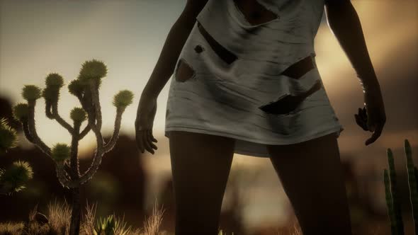 Woman in Torn Shirt Standing By Cactus in Desert at Sunset