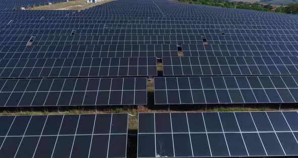 Aerial footage of photovoltaic solar farm. Solar farm power station from above