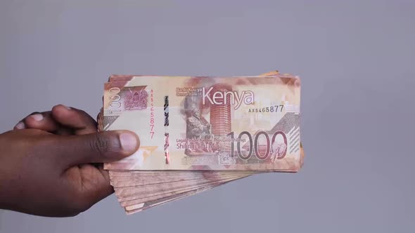 Close up shot of hands revealing  Kenyan shilling currency money cash from the left. Employee salary