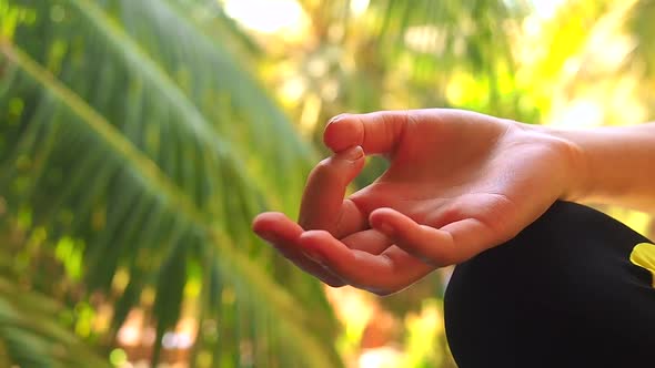 Young Woman Doing Yoga Namaste Munda Hands Pose Outside in Natural Environment