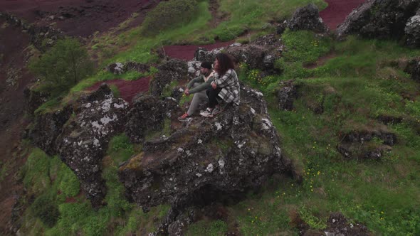 Drone Of Couple In Rocky Landscape Of Thingevillir