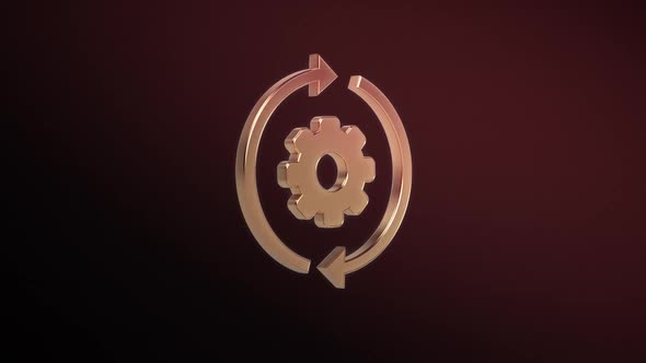 Golden Icon. Gear With Arrows Rotate Around it Axis on a Dark Red Studio Background. Seamless Loop. 