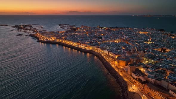 Sunset View of Cadiz Andalusia Spain with Citylights