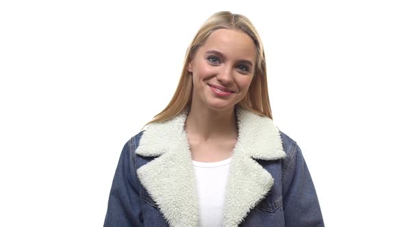Slow Motion Pleasant Lovely Young 25s Blond Caucasian Woman Wearing Spring Jacket Laughing Smiling