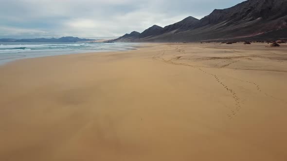 Flight Over Desert Beach on Fuerteventura Island, Spain