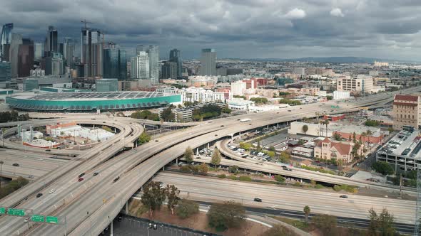 Scenic Downtown Los Angeles Aerial View. Busy Highway Overhead  Drone View