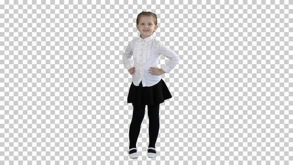 Cute little girl in white dress posing on camera, Alpha Channel