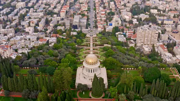 Bahai temple and gardens in Haifa, Israel, aerial drone view