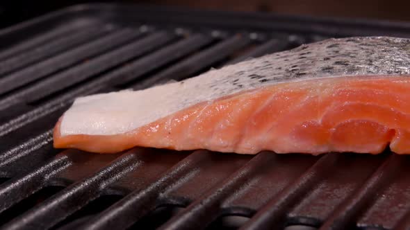 Smoke Rises Above the Salmon on the Grill