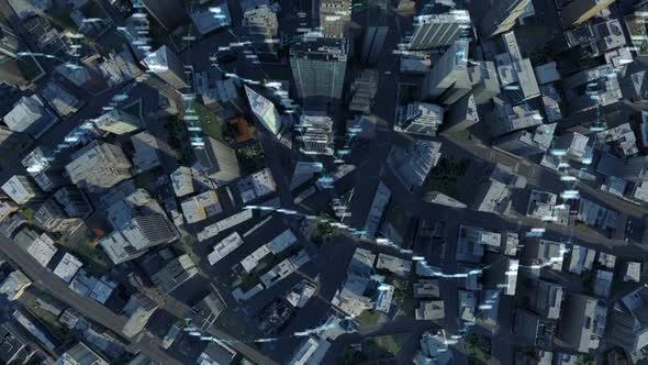 City Buildings With Digital Data And Information 4K (Top View)