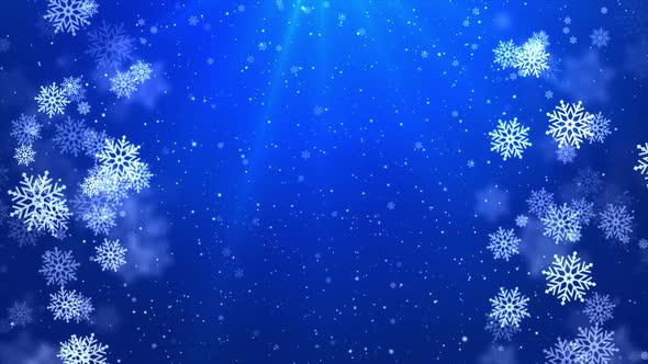 Big Snowflakes Falling Spinning Blue particles. Winter Snowfall 3d .