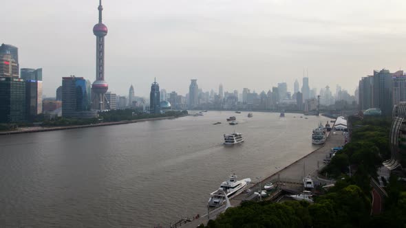 Shanghai River Cityscape Pan Up