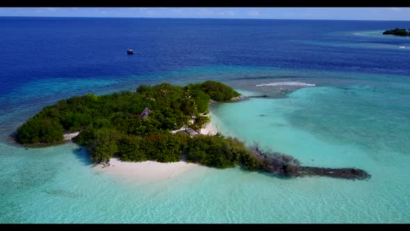 Aerial panorama of idyllic tourist beach adventure by transparent water and white sand background of