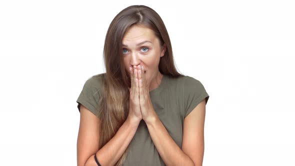 Emotional Caucasian Woman Expressing Excitement with Open Mouth and Smiling on Camera Isolated on