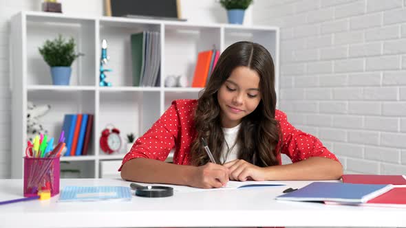 Girl Child Write in Copybook Doing Homework at School Desk Learn