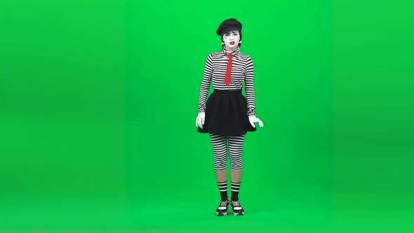 Mime Girl Trying See Something Clearly. Chroma Key. Full Length