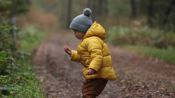 Little kid in yellow jacket and blue hat in woods in autumn season