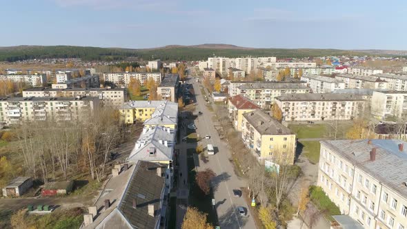 Aerial view of A provincial Russian city with low buildings. Autumn sunny day. 38