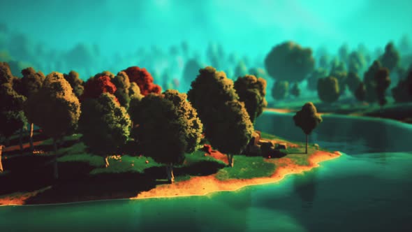 Cartoon Green Forest Landscape with Trees and Lake