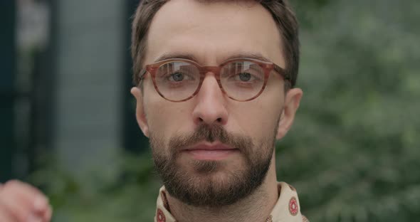 Portrait Serious Bearded Man Stylish Neckerchief Looking To Camera