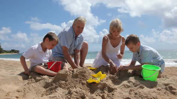 Grandparents play with grandchildren at beach