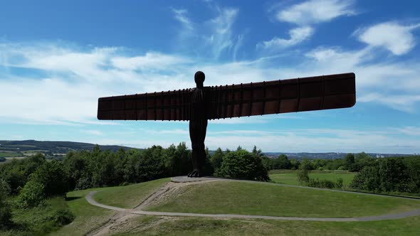 Angel of the North. Drone shot pushes in fast showing the front of the Angel Of The North in the Nor