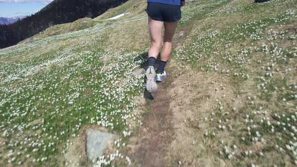 Runner In The Mountains On The Path Of Flowers In Spring