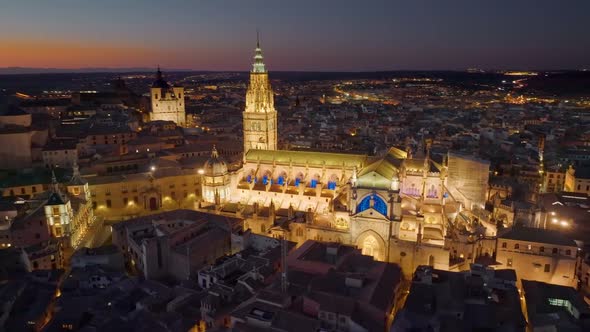 Flying Over Night Toledo Spain at Sunset