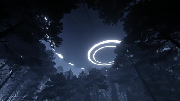 UFO flies over the forest at night