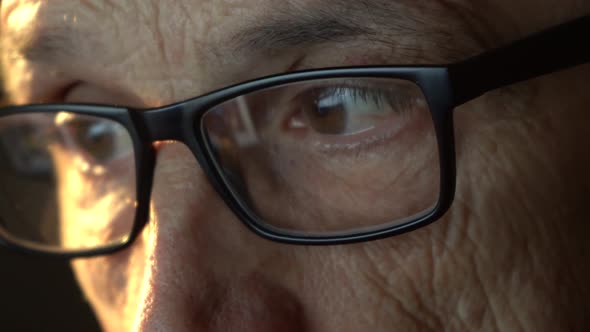 Closeup of the Focused Eyes of a Businessman Wearing Computer Glasses