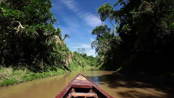 a boat travelling through a small canal in peruvian amazon