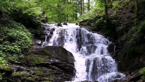 Green Waterfall River Rocks Covered with Green Moss Forest Waterfall