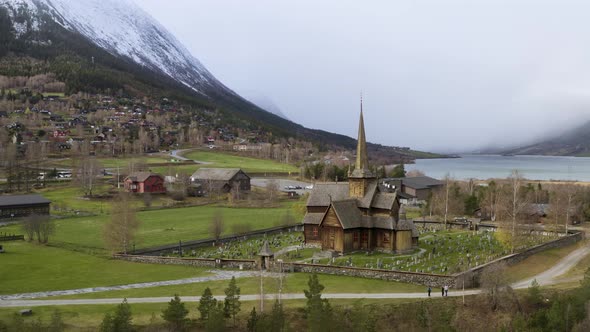 Aerial View On Lom Stave Church In Lom Municipality In Innlandet County, Norway - drone shot