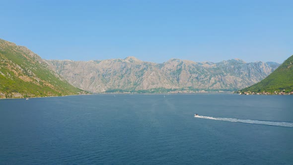 Aerial View Blue Sea with Mountains on Kotor Bay Montenegro