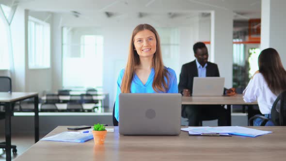 Smiling Manager Shows Sign Like in Open Space Office Worker in Start Up Company