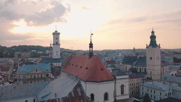 Aerial City Lviv, Ukraine. European City. Popular Areas of the City. Town Hall