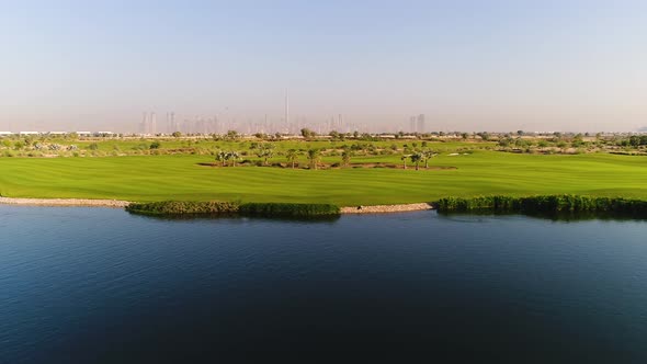 Aerial view of artificial pond in luxury golf club, Dubai, U.A.E.