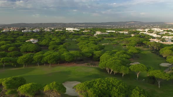 Vibrant Golf Courses with Cottages and Beautiful Slopes As Seen From Above