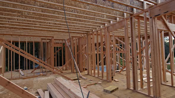 Wood home framing at construction building frame structure on a new development
