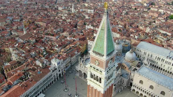 Drone flying over Piazza San Marco (St Mark Square) in Venice, Italy, Europe