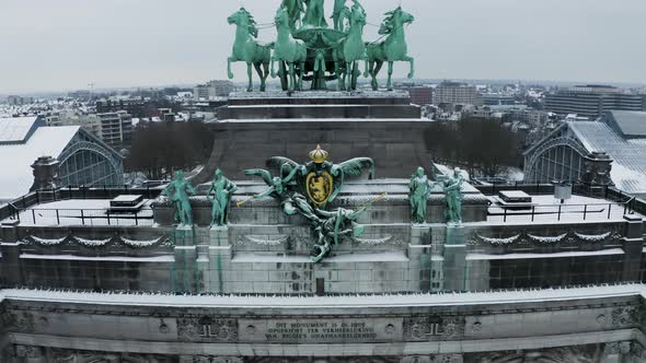Aerial view of Arc du Cinquantenaire in wintertime, Brussel, Belgium.